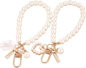 2 Pcs Artificial Pearl Keychains Key Ring Handbag Purse Charm Ornaments Car Pendant Hand Wrist Lanyard Wristlet Strap Bracelet