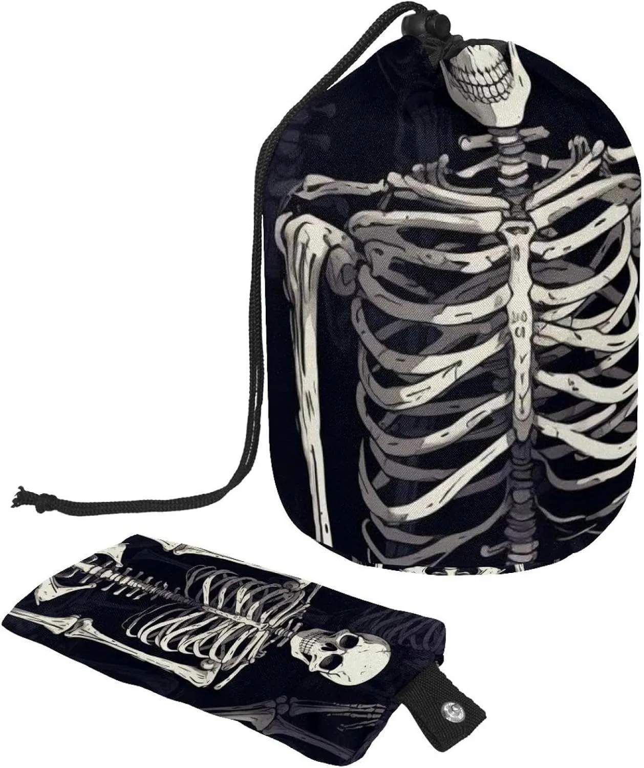 2 Pcs Cosmetic Bag bucket Travel Makeup Bags Large Capacity Soft Waterproof Portable Drawstring Cosmetic Bag, Cool Dark Skeleton