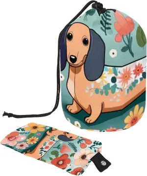 2 Pcs Cosmetic Bag bucket Travel Makeup Bags Large Capacity Soft Waterproof Portable Drawstring Cosmetic Bag, Little Sausage Dog and Flowers