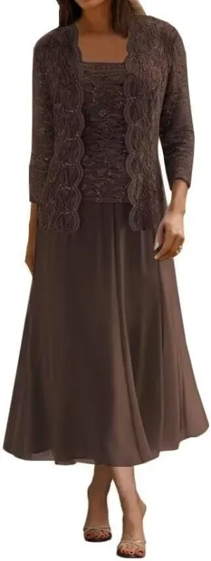 2 Pcs Mother of The Bride Dresses for Wedding Lace Sequins Tea Length Formal Evening Dress with Jackets