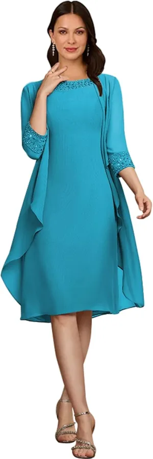 2 Piece Mother of The Bride Dresses with Jackets 3/4 Sleeve Formal Evening Gown Chiffon Beaded Wedding Guest Dresses