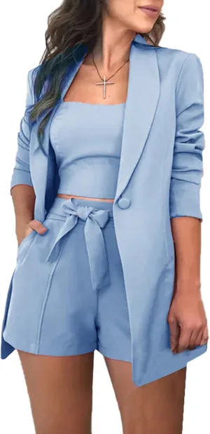 3 Piece Blazer Sets for Women Open Front Button Blazer   Crop Tops   Shorts Bottoms with Belt Business Suit Sets