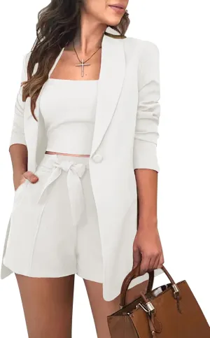 3 Piece Blazer Sets for Women Open Front Button Blazer   Crop Tops   Shorts Bottoms with Belt Business Suit Sets