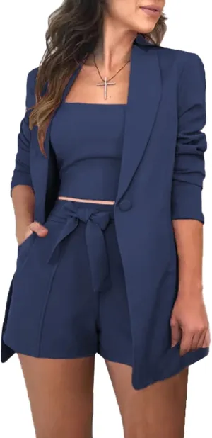 3 Piece Blazer Sets for Women Open Front Button Blazer   Crop Tops   Shorts Bottoms with Belt Business Suit Sets