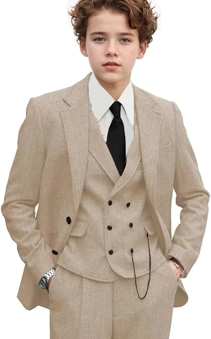 3 Piece Boys Tweed Herringbone Suit Retro Slim fit Two Button Suits Jackets Vest Dress Pants for Kid Toddler Wedding
