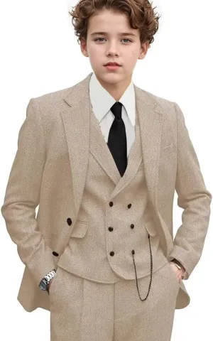3 Piece Boys Tweed Herringbone Suit Retro Slim fit Two Button Suits Jackets Vest Dress Pants for Kid Toddler Wedding