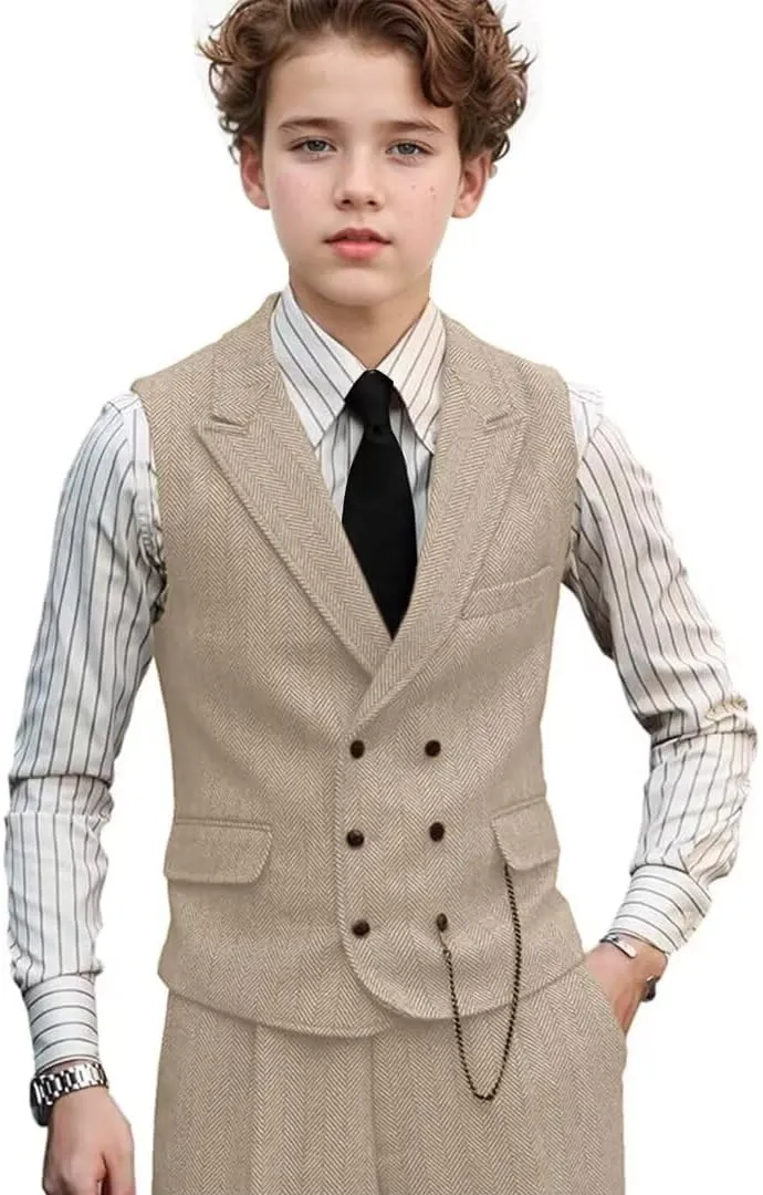 3 Piece Boys Tweed Herringbone Suit Retro Slim fit Two Button Suits Jackets Vest Dress Pants for Kid Toddler Wedding