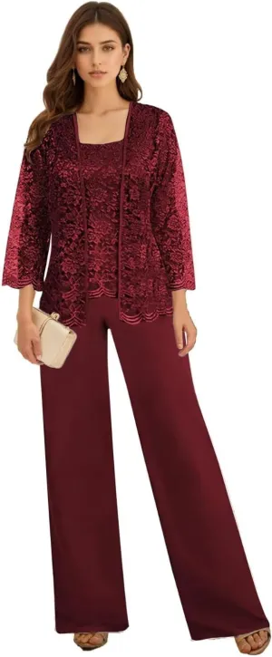 3 Pieces Mother of The Bride Pant Suits for Wedding Long Sleeve Chiffon Lace Formal Outfits for Women 2025 with Jackets
