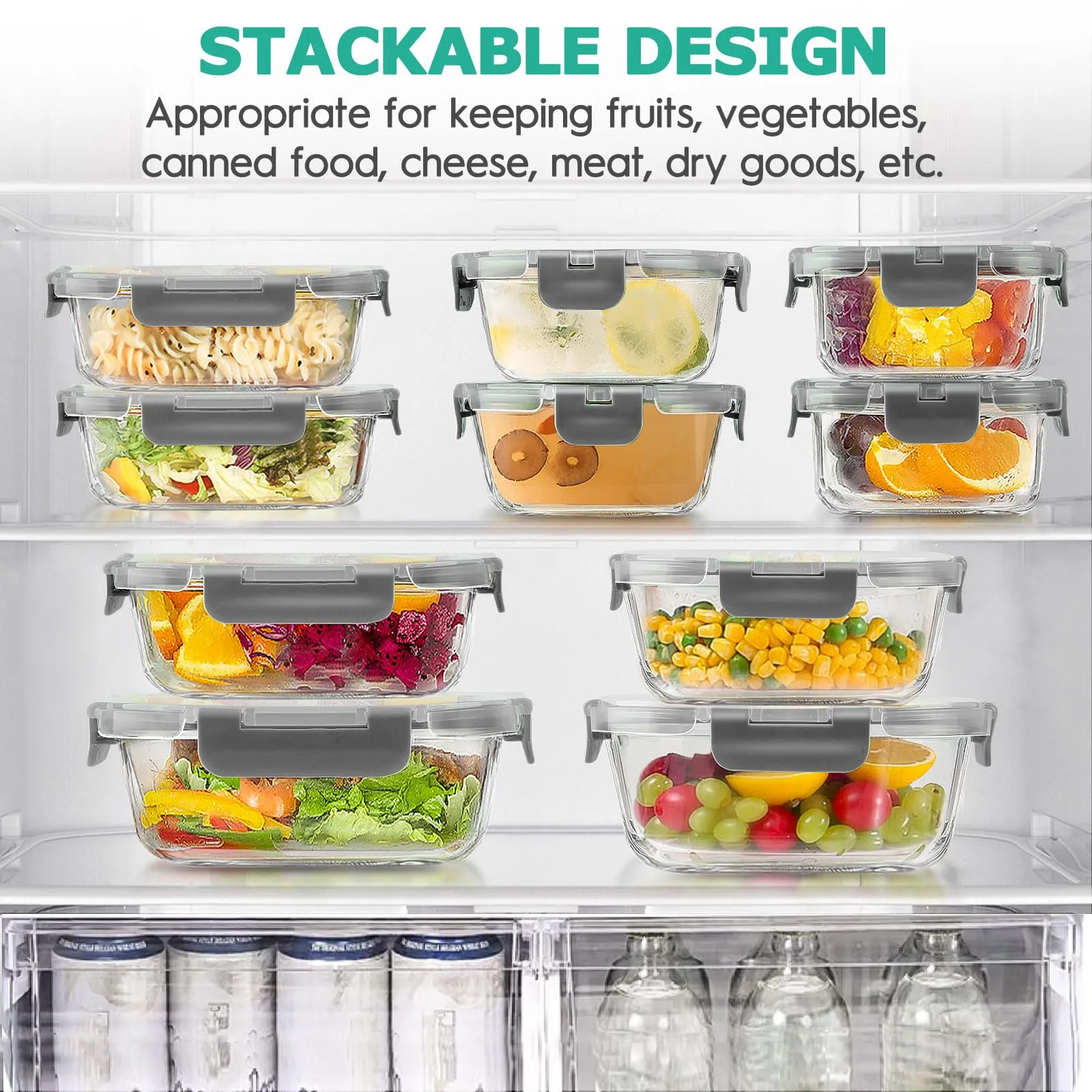 34pcs Glass Food Storage Containers with Lids Set, Airtight Glass Meal Prep Containers (17 Containers & 17 Lids),Leak Proof Lunch Containers BPA-Free, Microwave, Oven, Freezer, Dishwasher,Grey