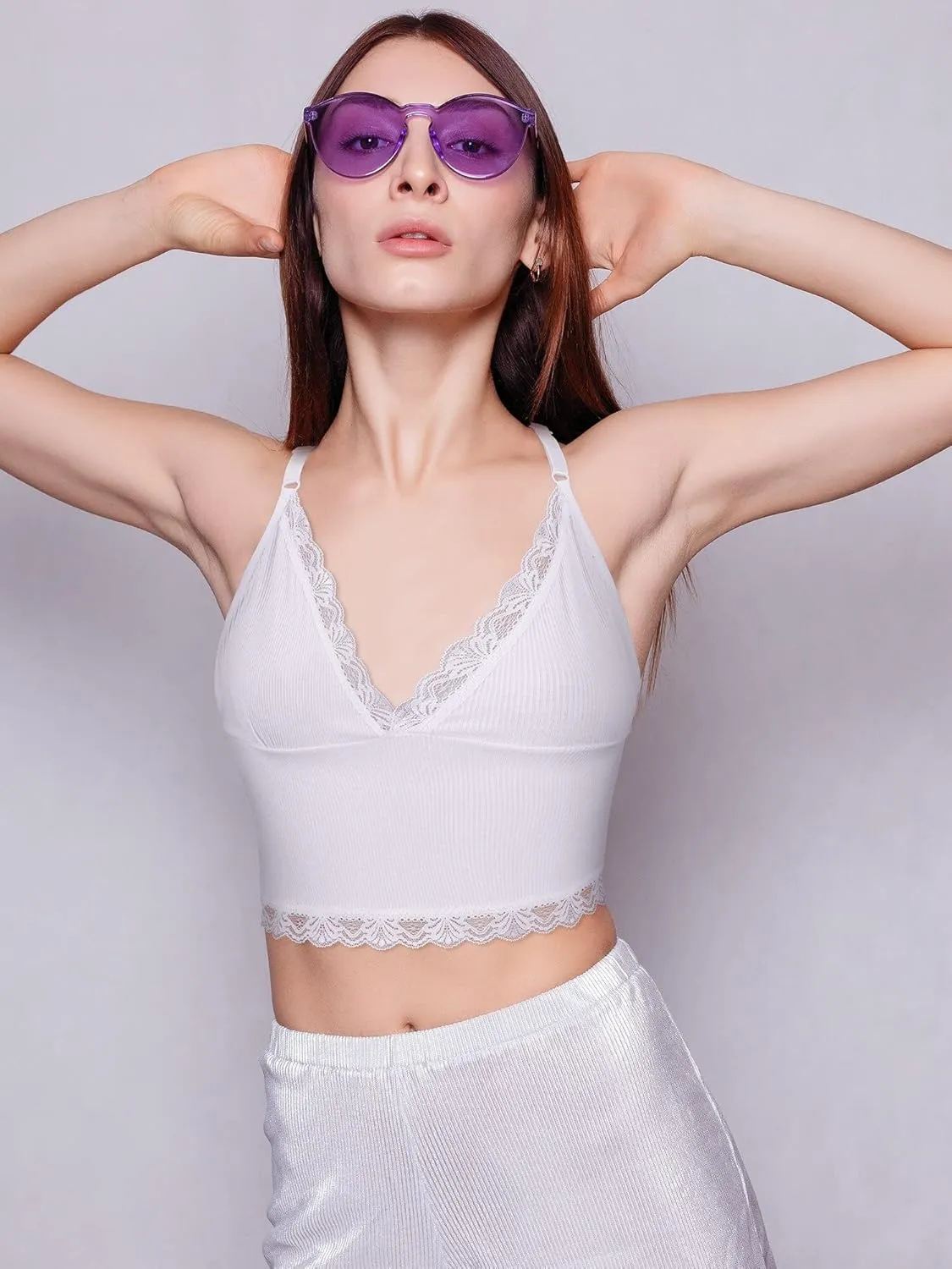 4 Pcs Women's Sleeveless Cami Crop Top Camisole Lace Trim V Neck Spaghetti Strap Tank Tops for Women Girl Ribbed Rave Clothes