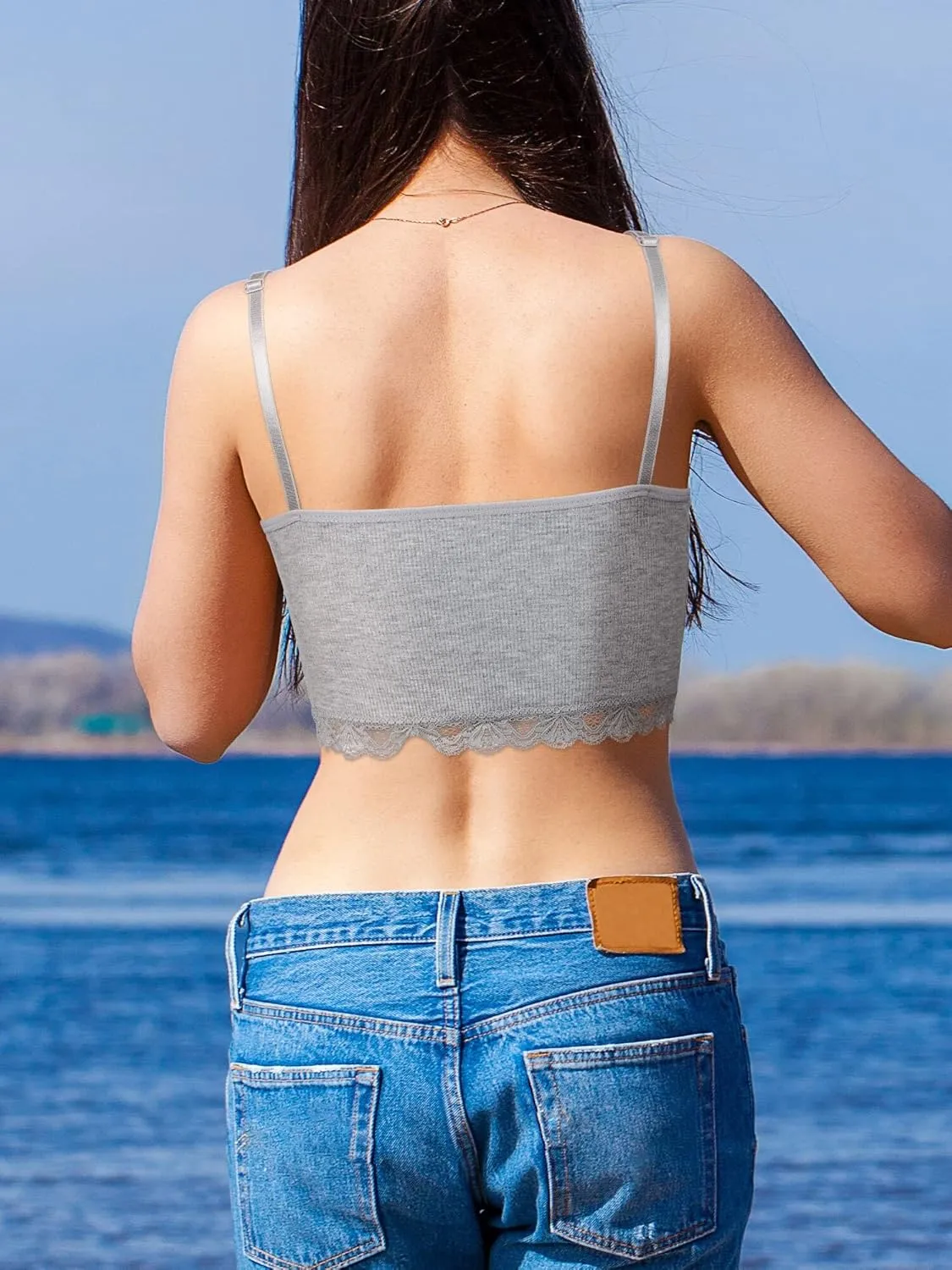4 Pcs Women's Sleeveless Cami Crop Top Camisole Lace Trim V Neck Spaghetti Strap Tank Tops for Women Girl Ribbed Rave Clothes