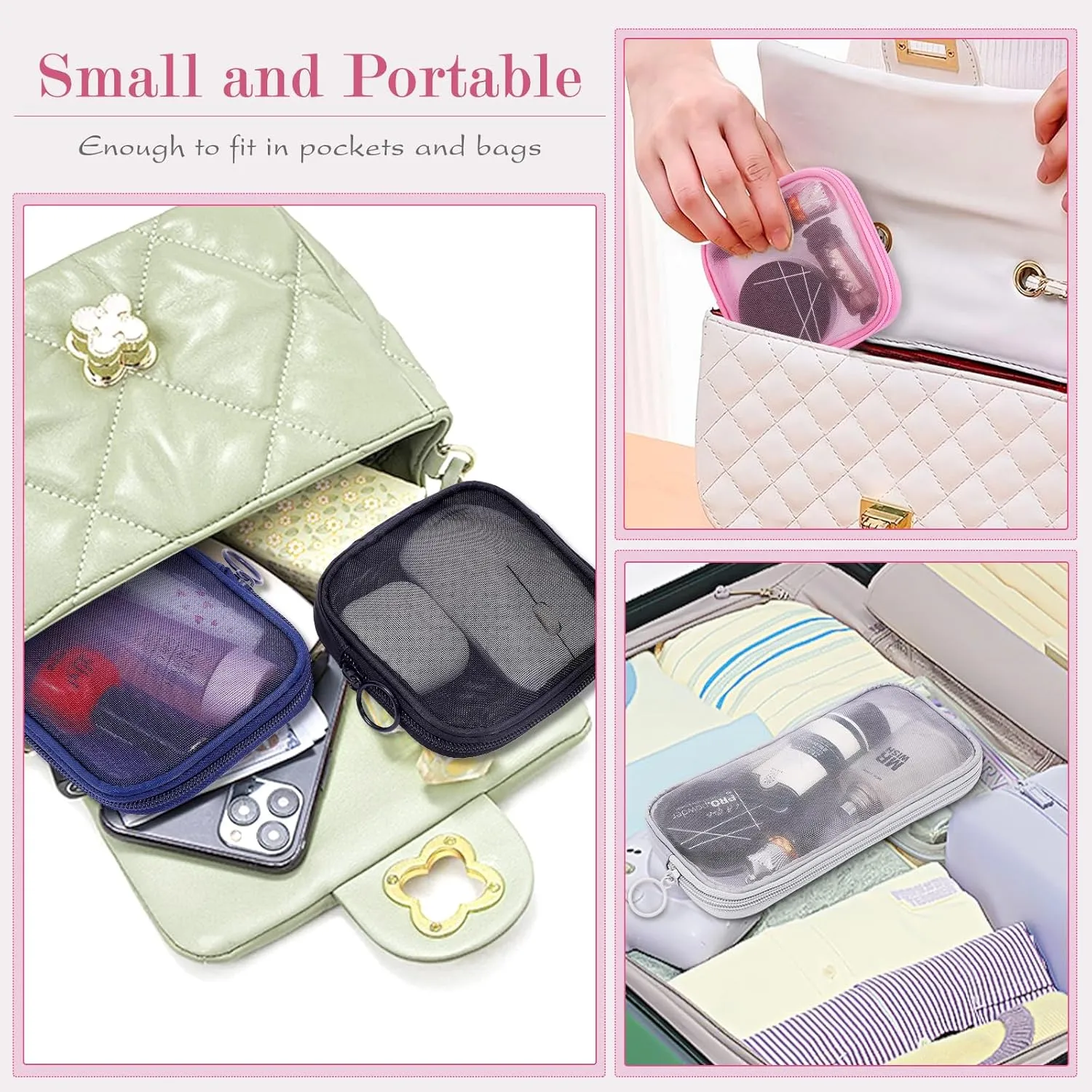 4 Pieces Mini Zipper Nylon Mesh Pouch, Mesh Cosmetic Bags Makeup Bags, Multipurpose Travel Toiletry Bags for Office Supplies and Travel Accessories (Grey, S)