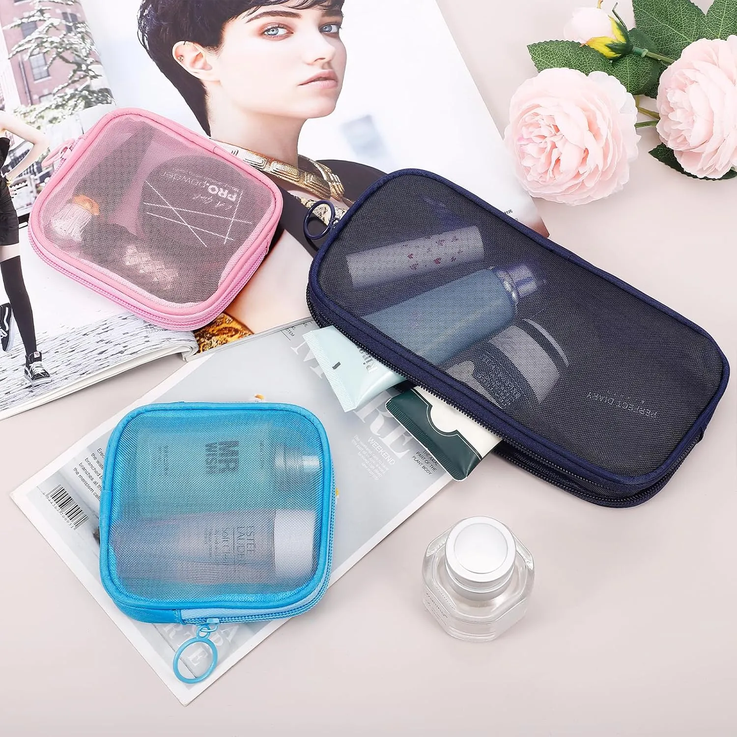 4 Pieces Mini Zipper Nylon Mesh Pouch, Mesh Cosmetic Bags Makeup Bags, Multipurpose Travel Toiletry Bags for Office Supplies and Travel Accessories (Grey, S)