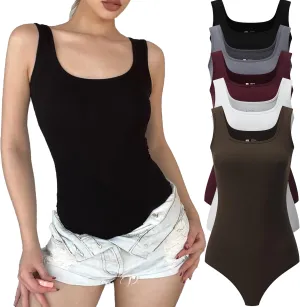 5 Piece Women's Bodysuits Sexy Ribbed Sleeveless Square Neck Sleeveless Tank Tops Bodysuits