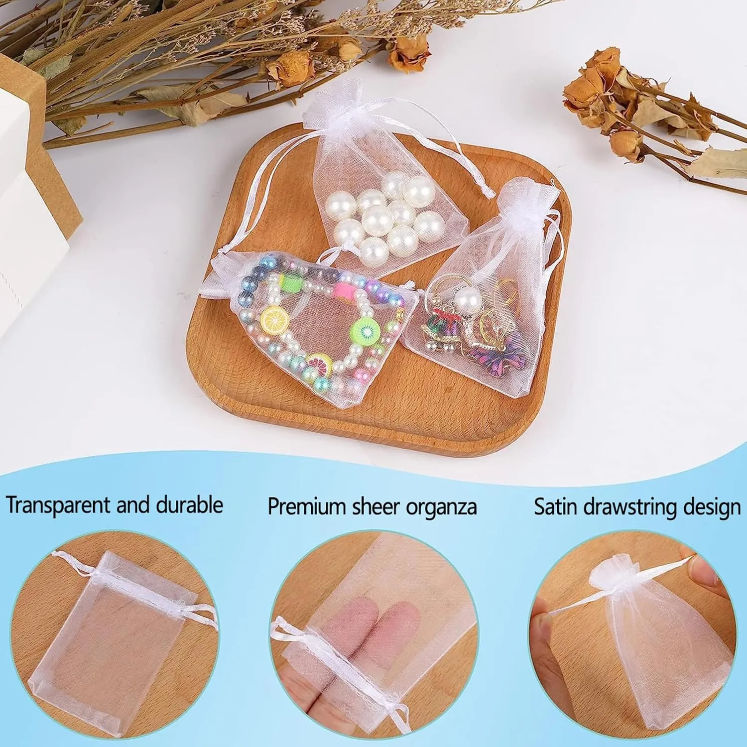 50Pcs White Organza Bags 3x4 Inch, Sheer Wedding Party Favor Bags with Drawstring, Jewelry Gift Bags Christmas Candy Pouches