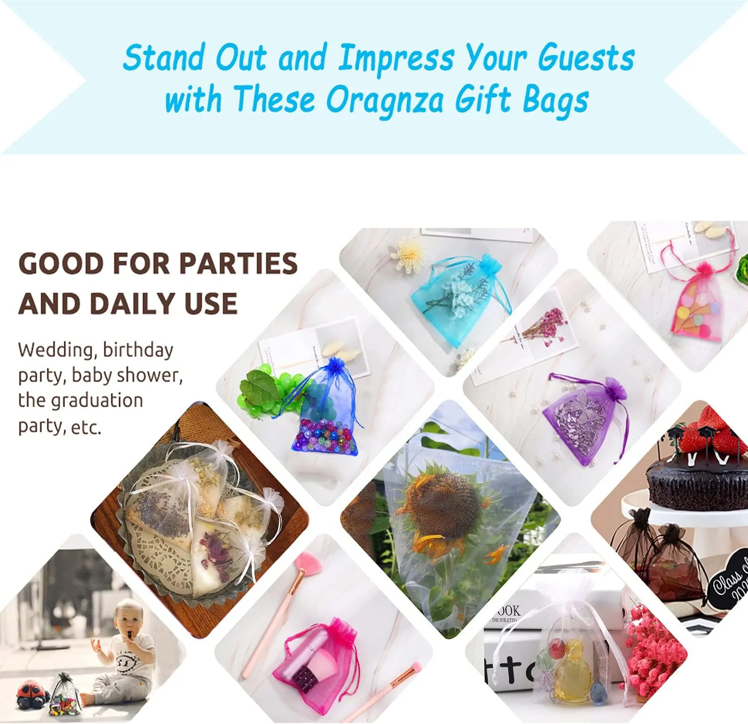 50Pcs White Organza Bags 3x4 Inch, Sheer Wedding Party Favor Bags with Drawstring, Jewelry Gift Bags Christmas Candy Pouches