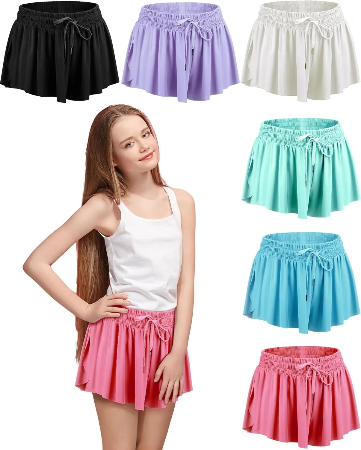 6 Pack Girls Flowy Shorts 2 in 1 Kids Butterfly Shorts with Pocket Youth Sports Skirts for Teen Running Fitness Yoga