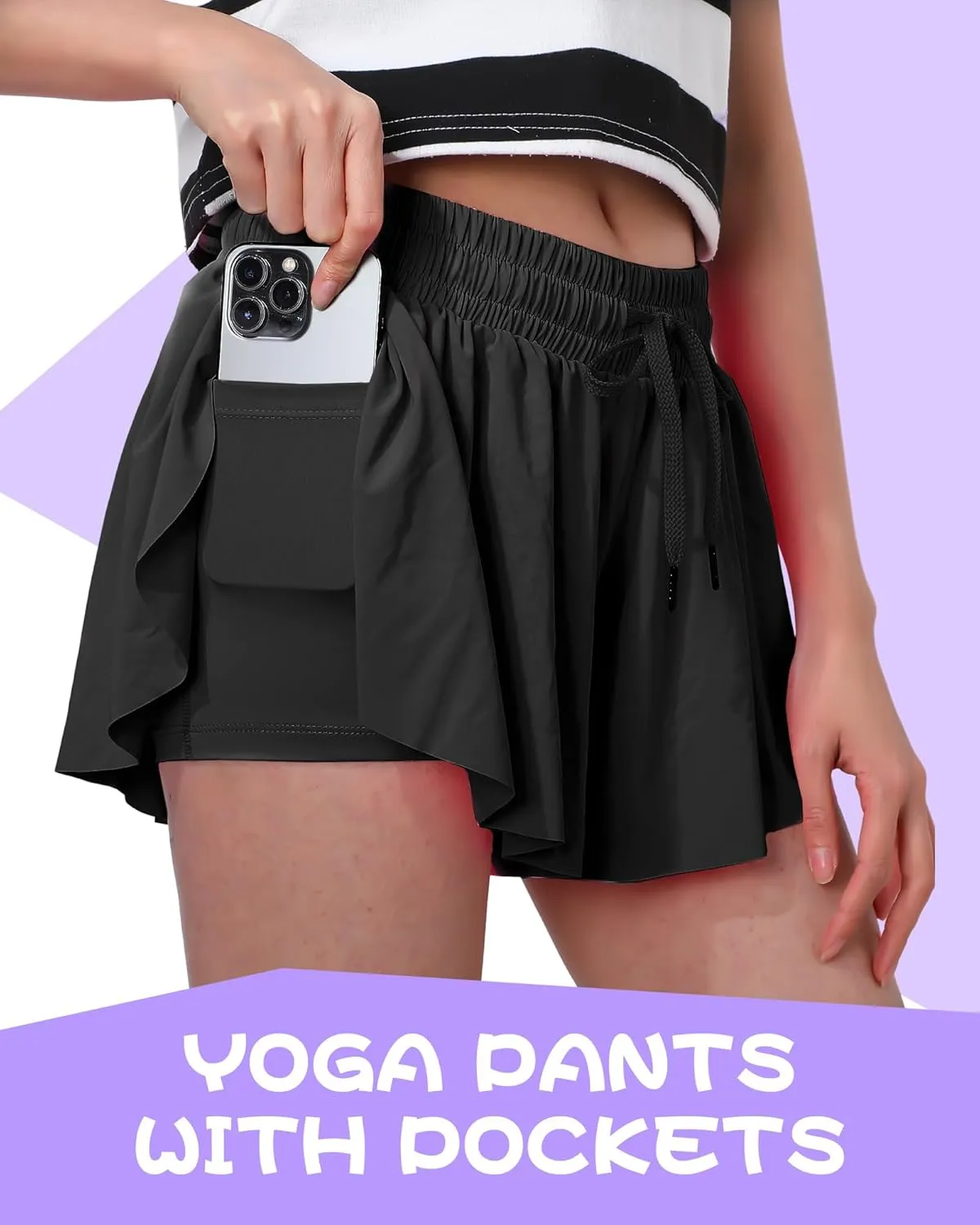 6 Pack Girls Flowy Shorts 2 in 1 Kids Butterfly Shorts with Pocket Youth Sports Skirts for Teen Running Fitness Yoga