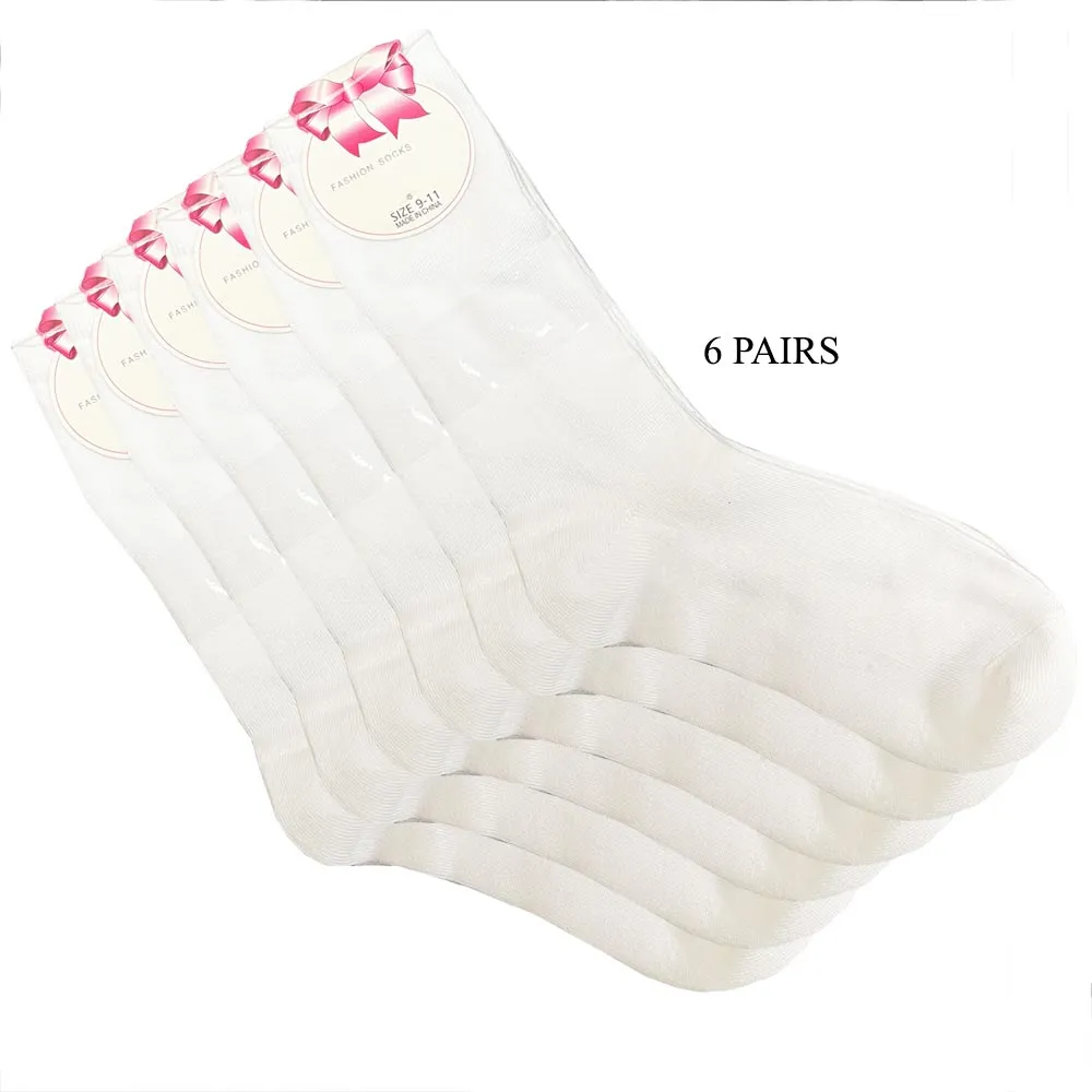6 Pair Crew Socks Basic White Knocker Solid Womens Casual Wear Work Size 9-11