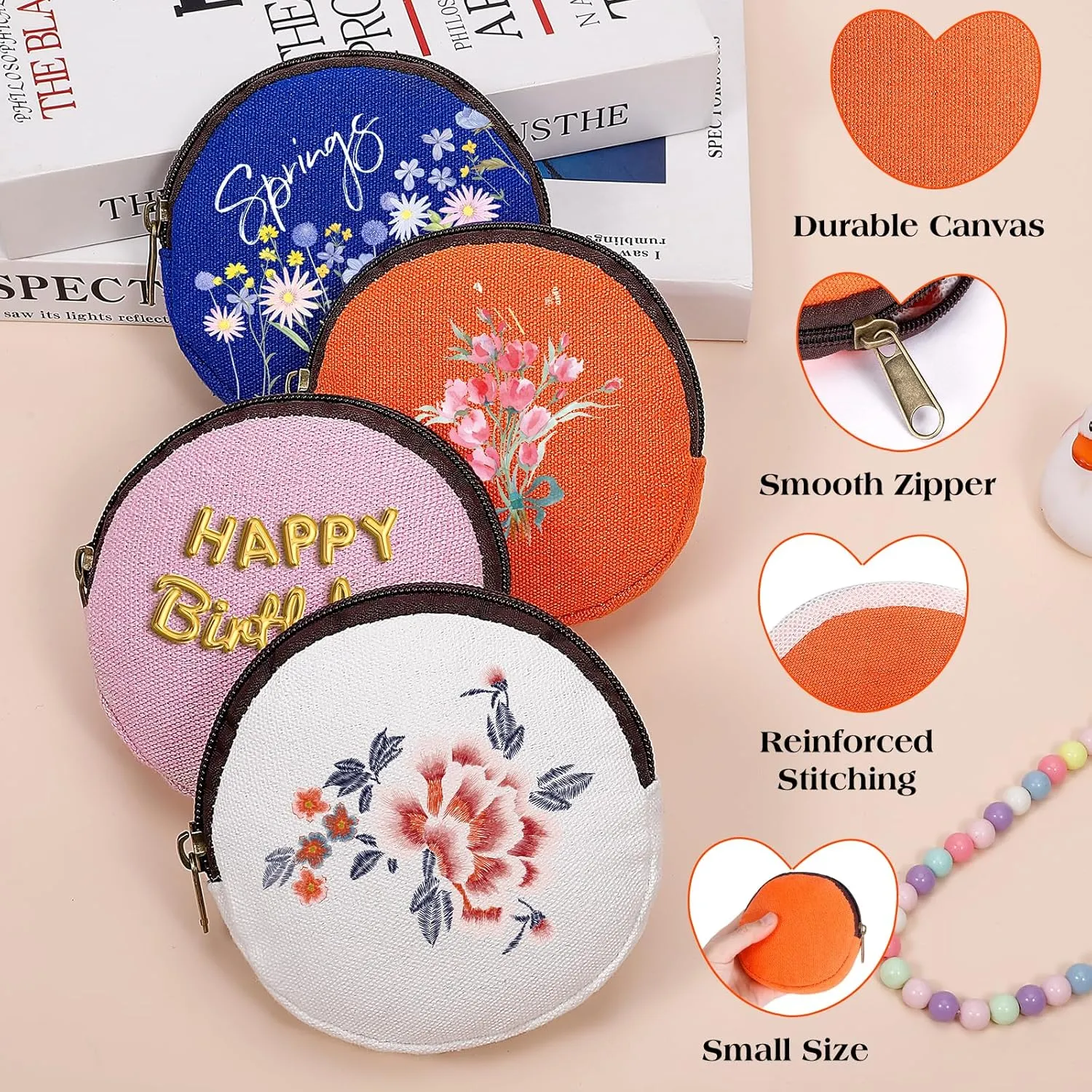 6 Pieces Mini Round Cotton Canvas Makeup Bag with Bottom, Multi-Purpose Zipper Coin Purse Pouch Cosmetic Bag Travel Toiletry Pouch, Blank DIY Craft Bag (Orange, XS)