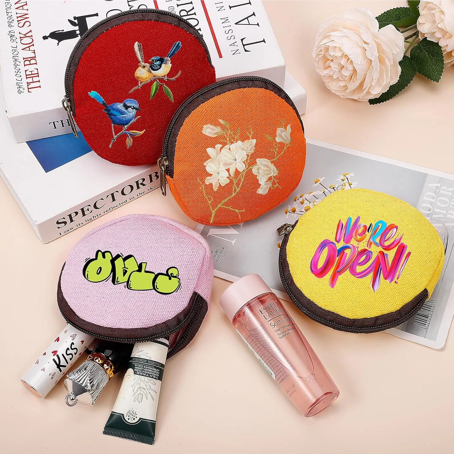 6 Pieces Mini Round Cotton Canvas Makeup Bag with Bottom, Multi-Purpose Zipper Coin Purse Pouch Cosmetic Bag Travel Toiletry Pouch, Blank DIY Craft Bag (Orange, XS)