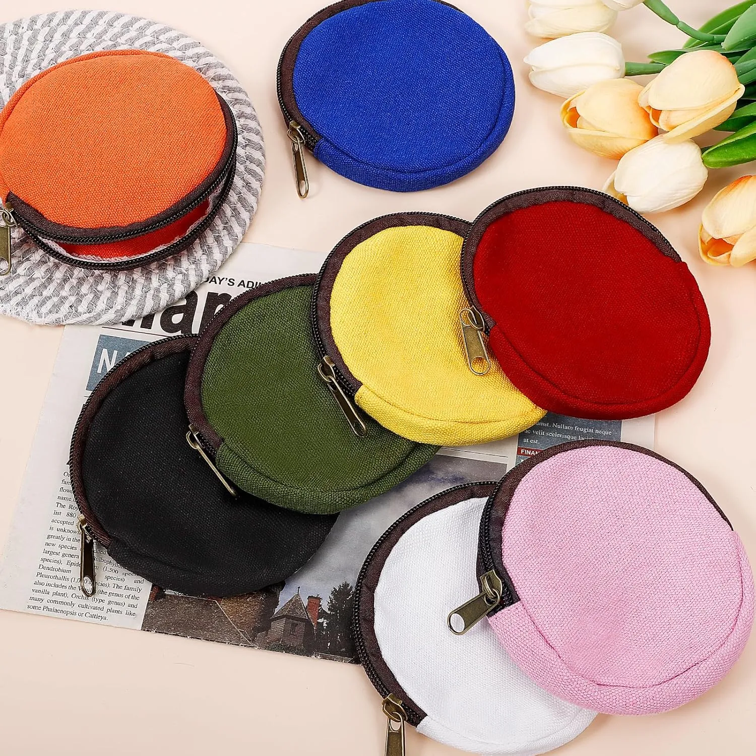 6 Pieces Mini Round Cotton Canvas Makeup Bag with Bottom, Multi-Purpose Zipper Coin Purse Pouch Cosmetic Bag Travel Toiletry Pouch, Blank DIY Craft Bag (Orange, XS)