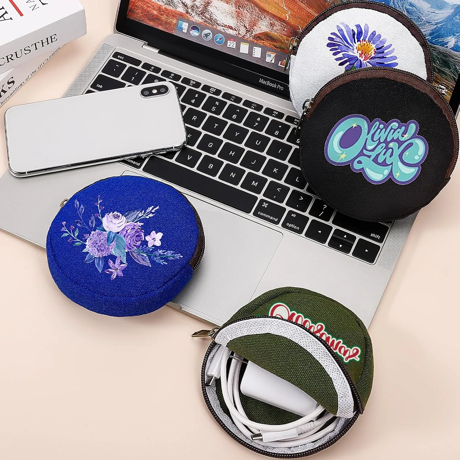 6 Pieces Mini Round Cotton Canvas Makeup Bag with Bottom, Multi-Purpose Zipper Coin Purse Pouch Cosmetic Bag Travel Toiletry Pouch, Blank DIY Craft Bag (Orange, XS)