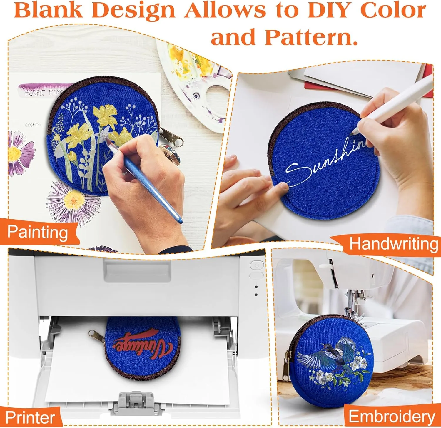 6 Pieces Mini Round Cotton Canvas Makeup Bag with Bottom, Multi-Purpose Zipper Coin Purse Pouch Cosmetic Bag Travel Toiletry Pouch, Blank DIY Craft Bag (Orange, XS)