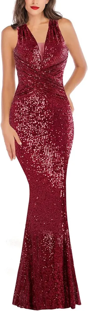 A ARFAR Women Wedding Sequin Dress V-Neck Sleeveless Dress Mermaid Maxi Long Dress Formal Evening Prom Gowns