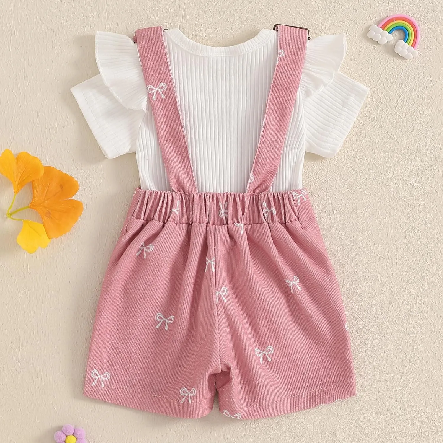 Adobabirl Baby Girl Summer Clothes Ribbed Short Sleeve Romper Bow Print Overalls Shorts Set Infant Cute Summer Outfits