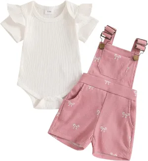 Adobabirl Baby Girl Summer Clothes Ribbed Short Sleeve Romper Bow Print Overalls Shorts Set Infant Cute Summer Outfits