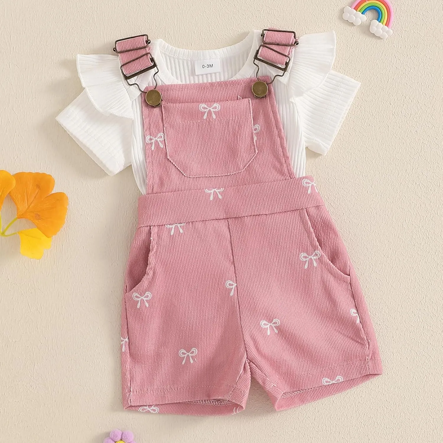Adobabirl Baby Girl Summer Clothes Ribbed Short Sleeve Romper Bow Print Overalls Shorts Set Infant Cute Summer Outfits