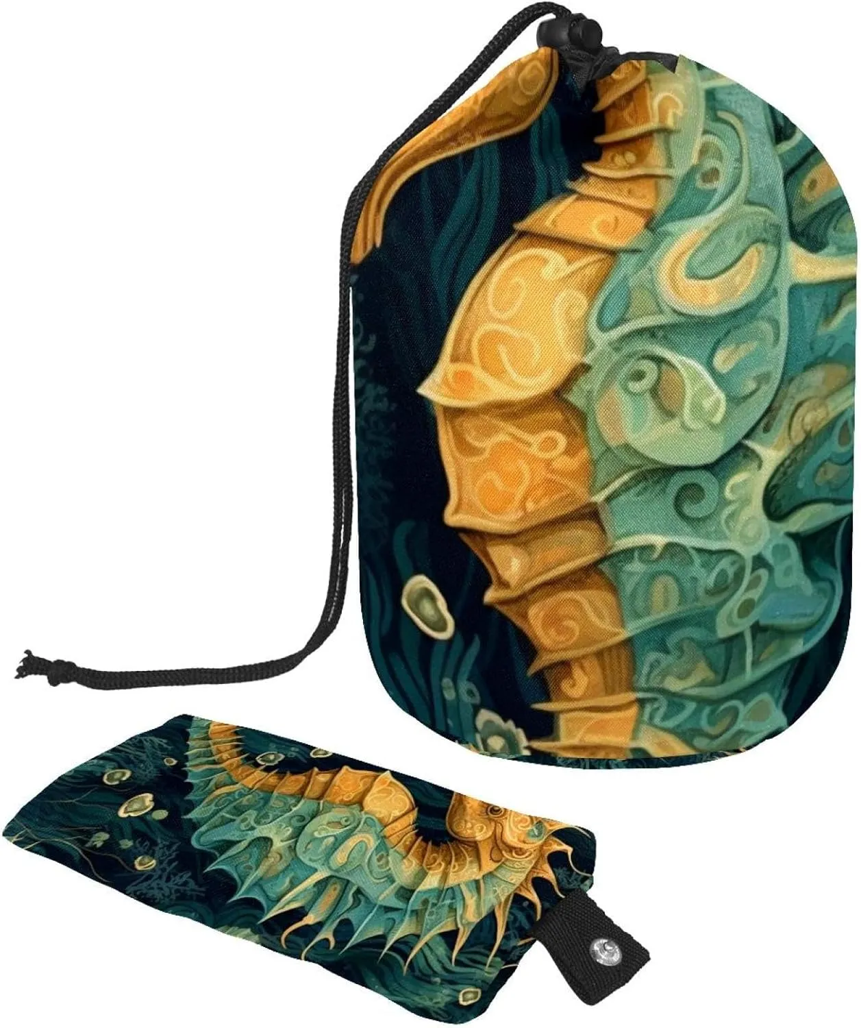 Aesthetic Seahorse Blue Ocean Travel Cosmetic Bags Makeup Bag for Women, Foldable Drawstring Travel Cosmetic Bags, Portable Toiletry Bucket Bag