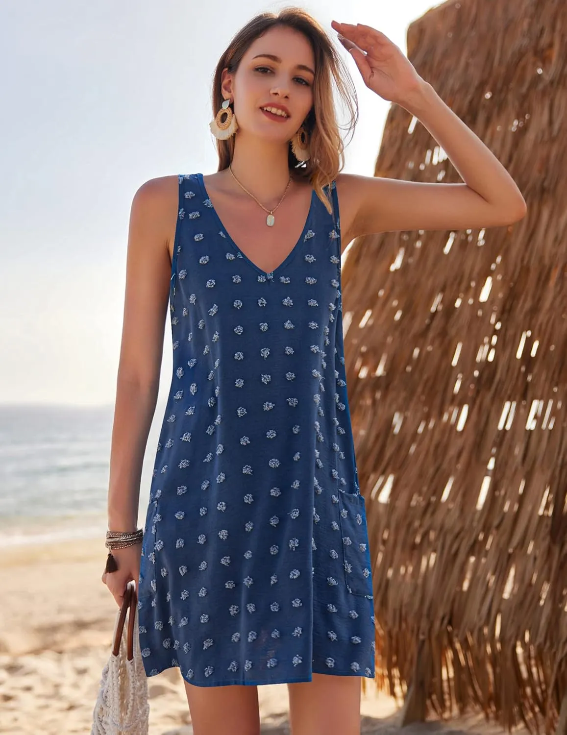 AI'MAGE Women Beach Coverups Swiss Polka Dot Bathing Suit Cover Up Sleeveless V Neck Dress with 2 Pockets