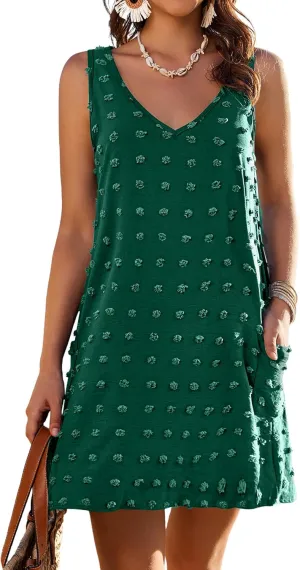 AI'MAGE Women Beach Coverups Swiss Polka Dot Bathing Suit Cover Up Sleeveless V Neck Dress with 2 Pockets