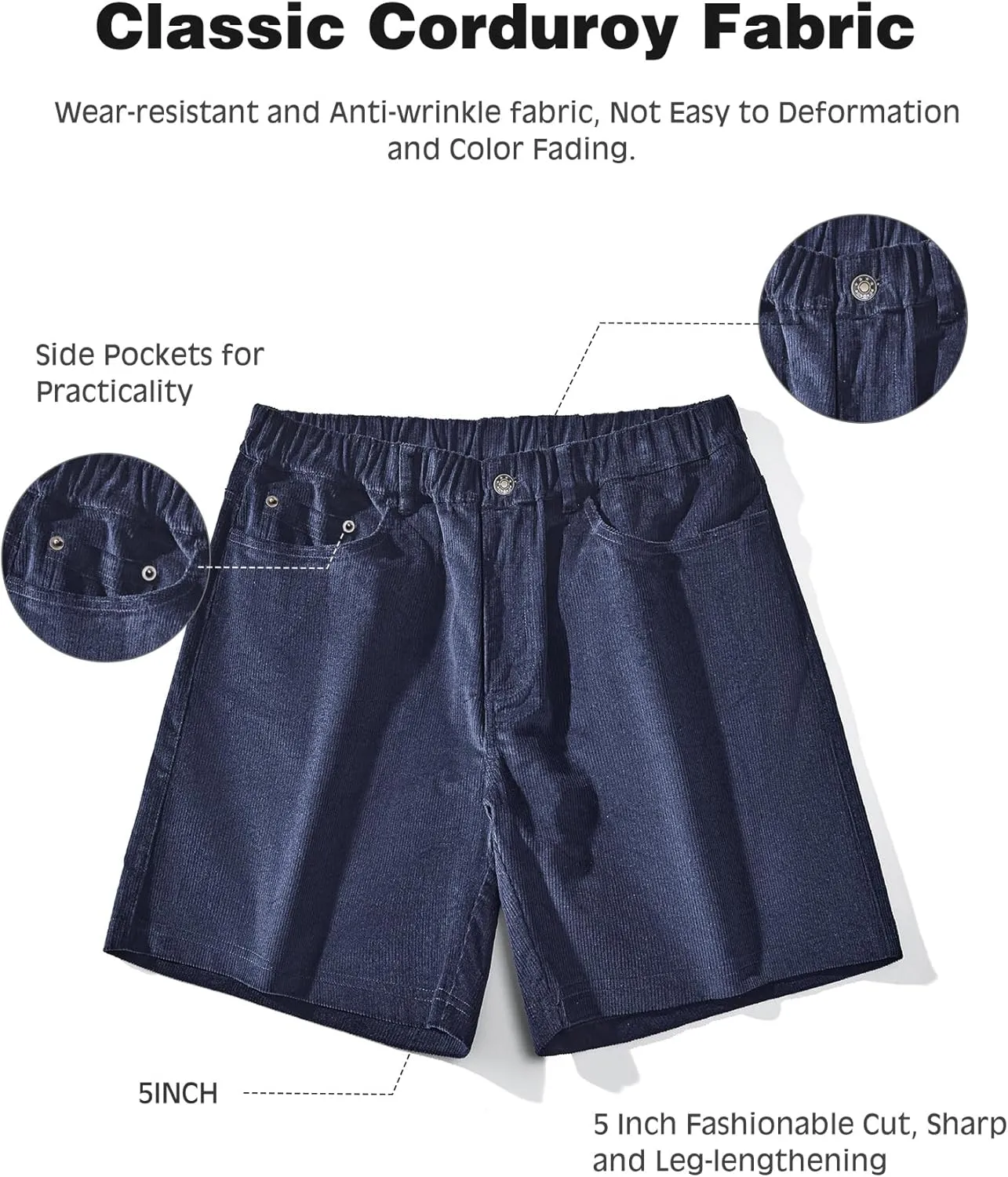 AIMPACT Mens Corduroy Shorts 5/6 Inseam Casual Elastic Waist Drawstring Summer Beach Shorts for Men with Pockets