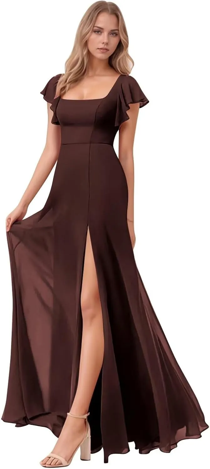 ALFEICE Tiered Ruffles Bridesmaid Dresses for Women 2025 Long Chiffon Formal Evening Gowns V Neck Wedding Guest Dresses