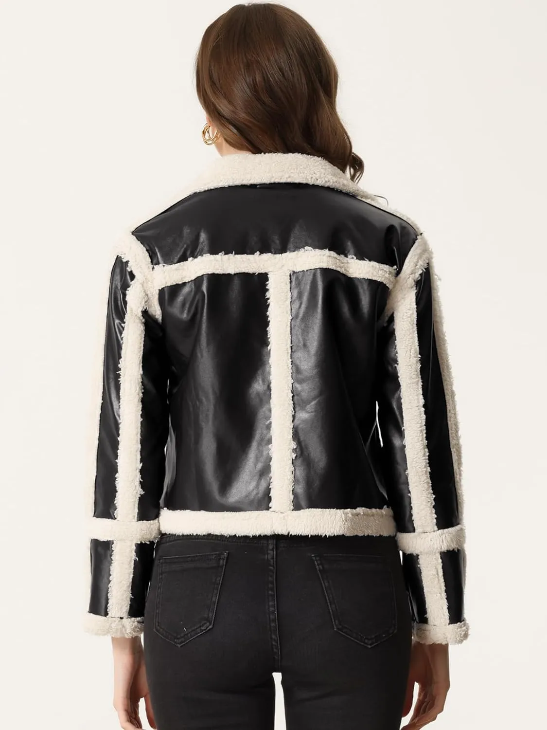 Allegra K Women's Faux Shearing Fur Lined Faux Leather Jacket Warm Thick Winter Coat