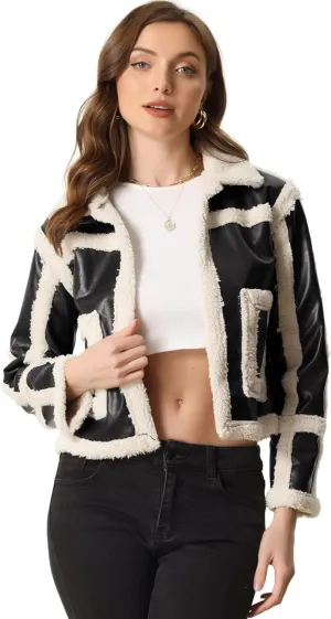 Allegra K Women's Faux Shearing Fur Lined Faux Leather Jacket Warm Thick Winter Coat
