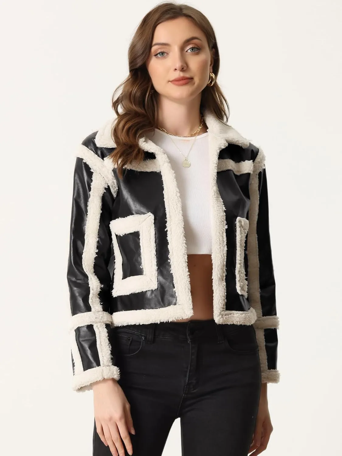 Allegra K Women's Faux Shearing Fur Lined Faux Leather Jacket Warm Thick Winter Coat