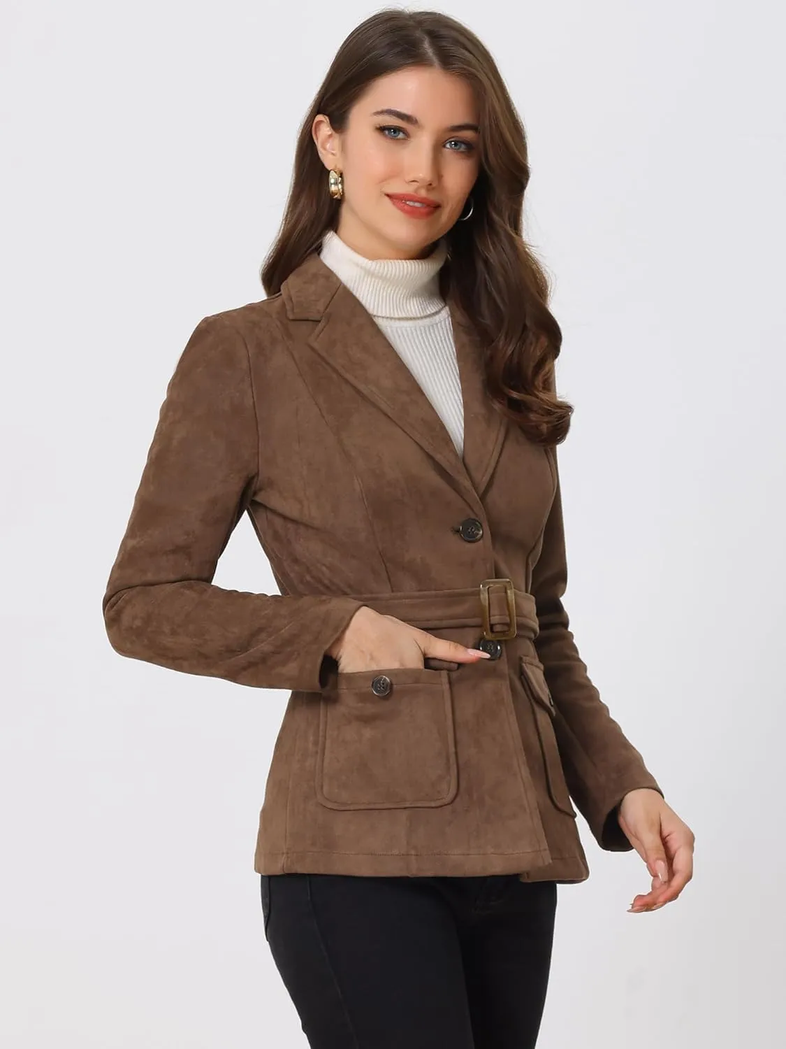 Allegra K Women's Faux Suede Blazer Belted Lapel Outwear Single Breasted Work Jacket