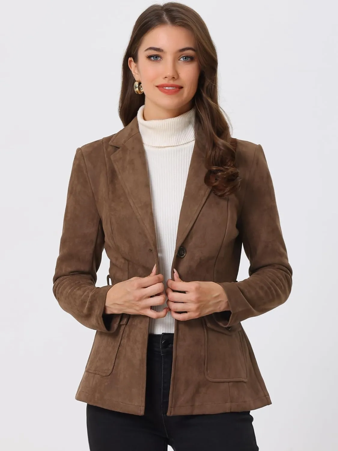 Allegra K Women's Faux Suede Blazer Belted Lapel Outwear Single Breasted Work Jacket