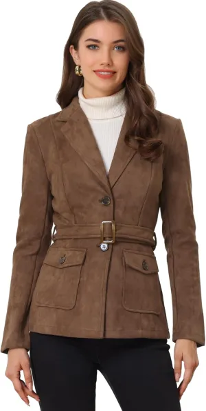 Allegra K Women's Faux Suede Blazer Belted Lapel Outwear Single Breasted Work Jacket