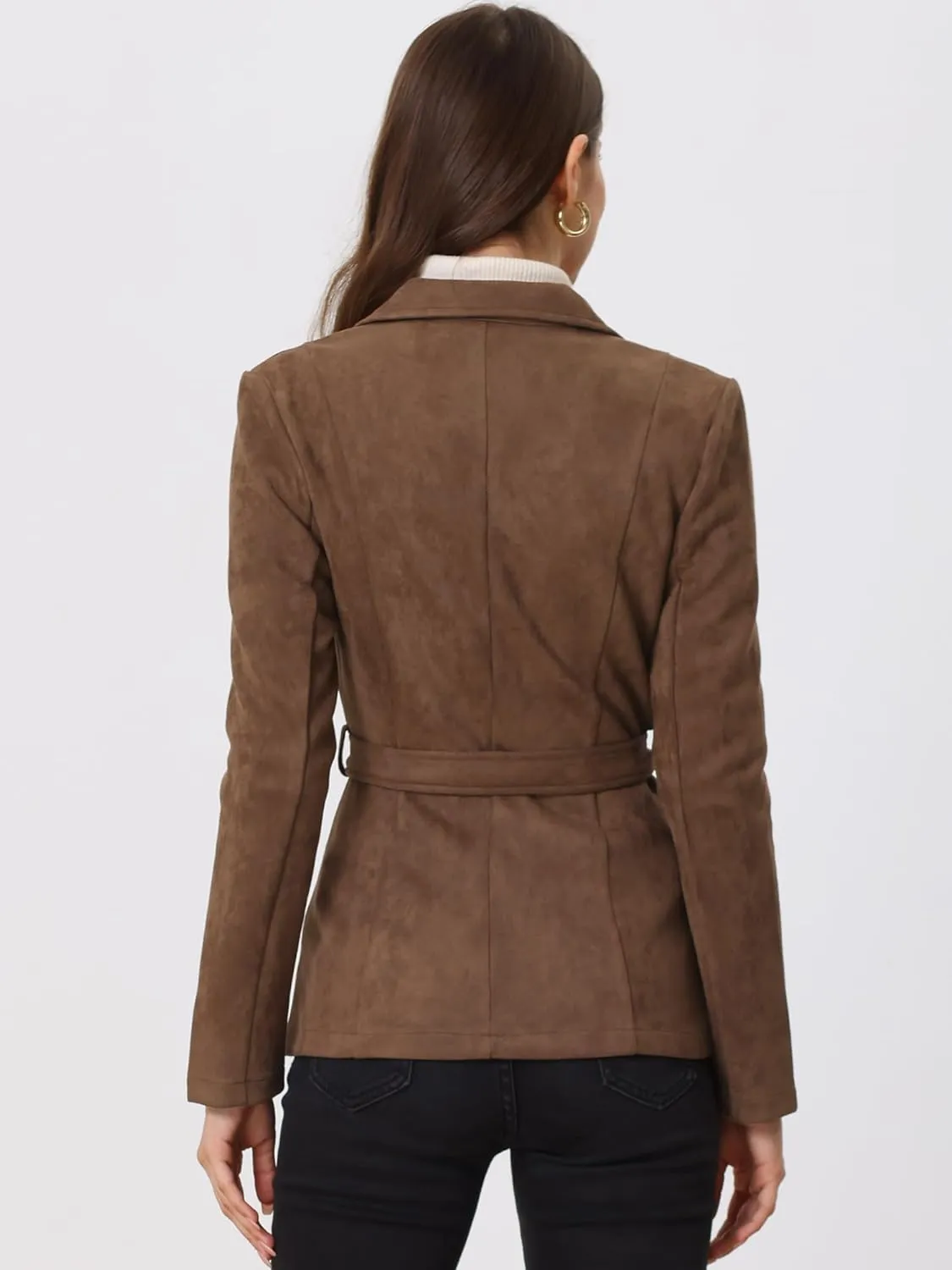 Allegra K Women's Faux Suede Blazer Belted Lapel Outwear Single Breasted Work Jacket