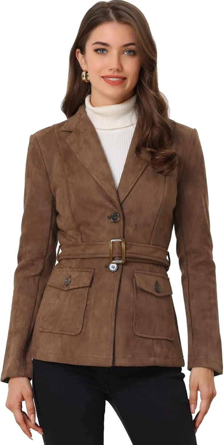 Allegra K Women's Faux Suede Blazer Belted Lapel Outwear Single Breasted Work Jacket