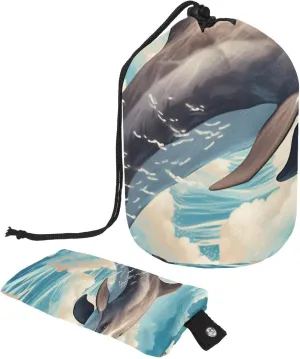 Art Blue Ocean Whale Pattern Travel Cosmetic Bags Makeup Bag for Women, Foldable Drawstring Travel Cosmetic Bags, Portable Toiletry Bucket Bag