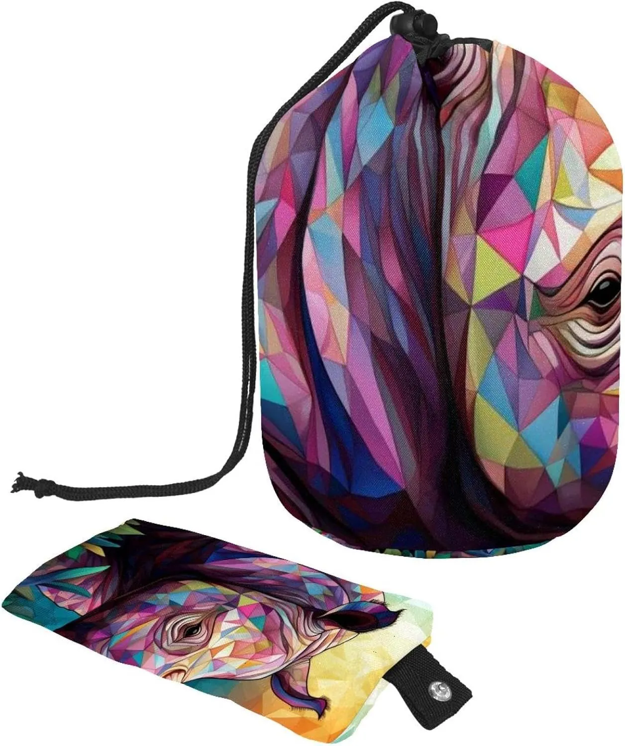 Art Rhino with Flowers 57 Travel Cosmetic Bags Makeup Bag for Women, Foldable Drawstring Travel Cosmetic Bags, Portable Toiletry Bucket Bag