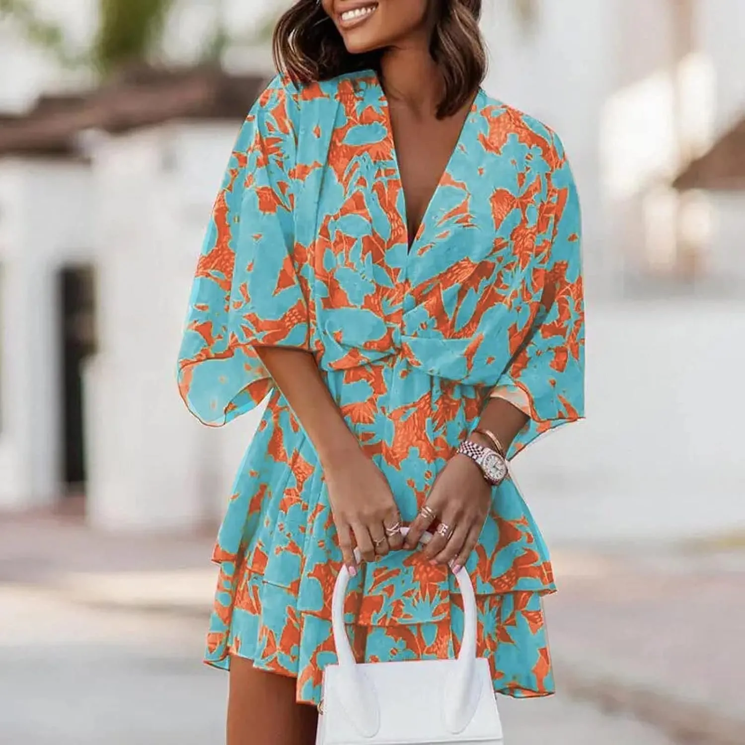 Beach Dresses for Women Vacation Short Batwing Sleeve V Neck Summer Trendy Dress Ruffle Boho Mini Sundress