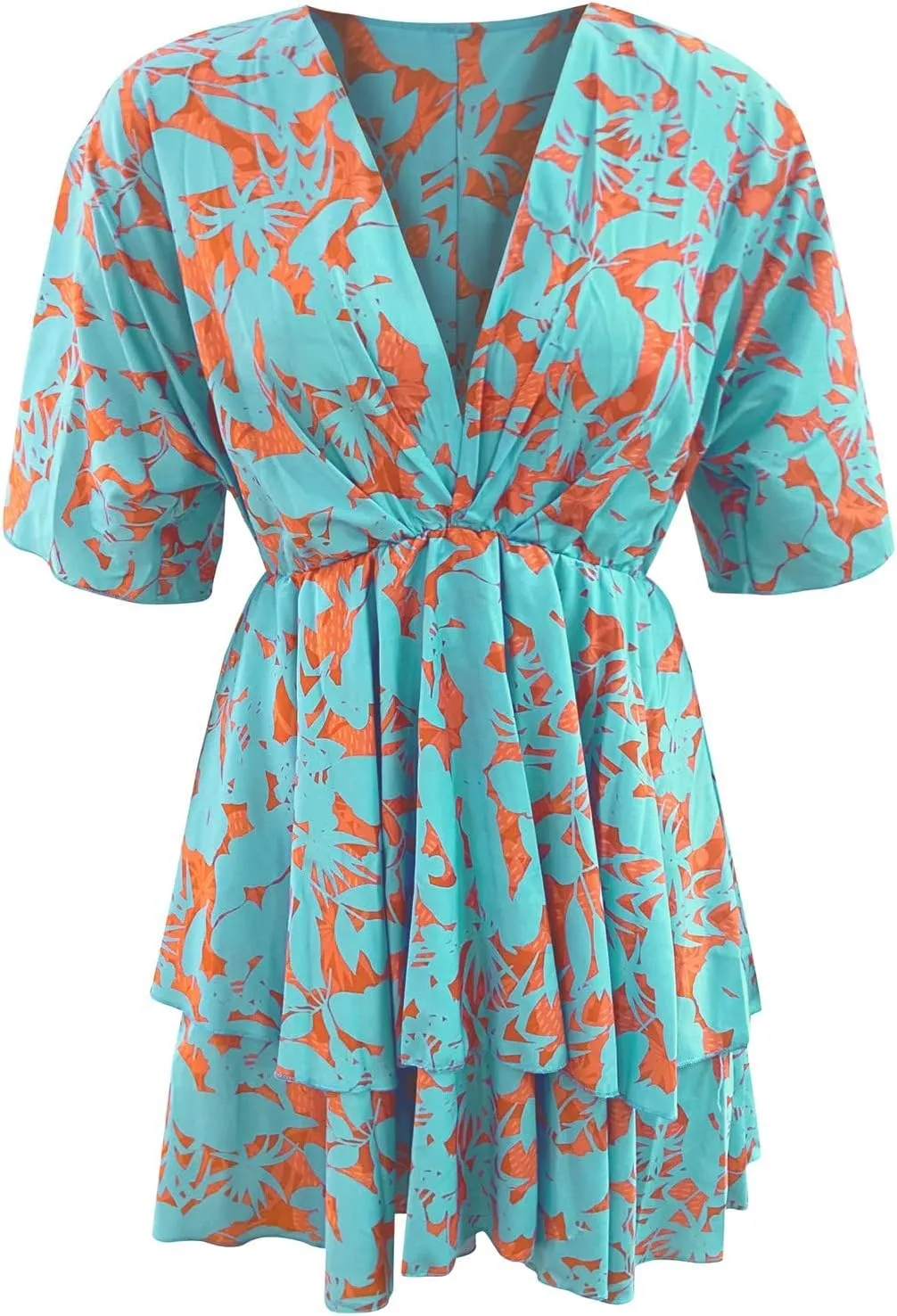 Beach Dresses for Women Vacation Short Batwing Sleeve V Neck Summer Trendy Dress Ruffle Boho Mini Sundress