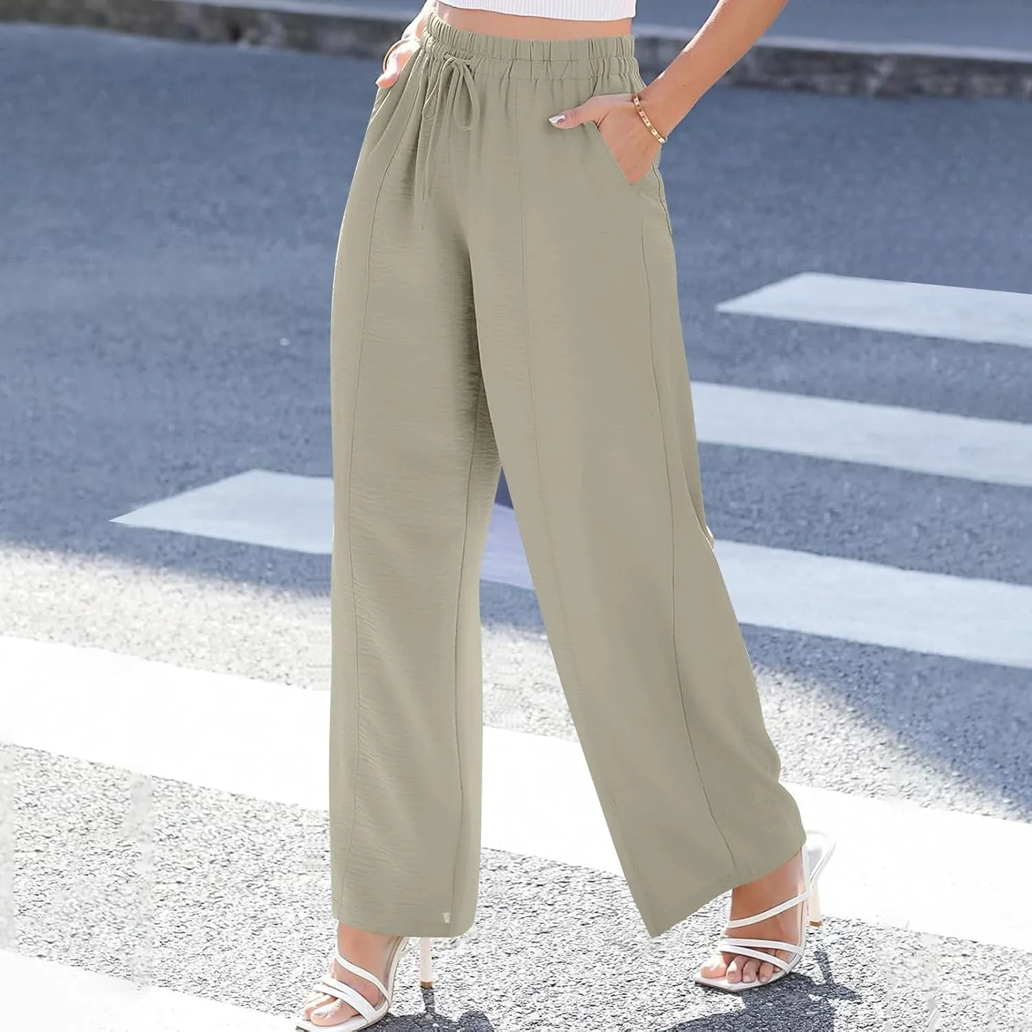 Beach Pants for Women Summer Casual Loose Plus Size Linen Pants Work Wide Leg Flowy Pants Trousers with Pckets